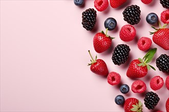 Berry fruit mix on pink background with copy space. KI generiert, generiert, AI generated