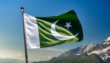 The flag of Pakistan flutters in the wind, isolated against a blue sky