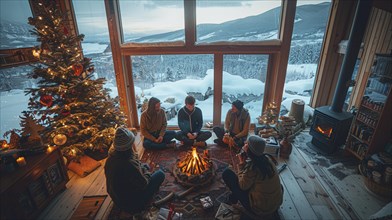 Group of friends enjoying a cozy time by the fireplace with a snowy mountain view outside, AI
