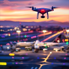 Drone with illuminated rotor blades in front of an aircraft and colourful city lights in the