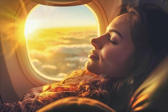 Woman at an aeroplane window during sunset, radiating calm, AI generated, AI generated