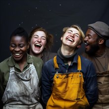 Four friends of different ethnicities laughing and wearing hard-wearing work clothes, group picture