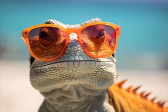 Lizard with sunglasses at beach. KI generiert, generiert, AI generated