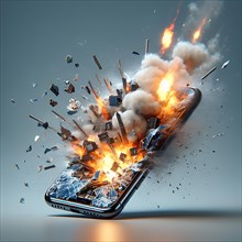 A smartphone shatters in a spectacular explosion, surrounded by fire and smoke, mobile phone