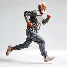 An older man in sporty grey clothing runs energetically on a grey background, run, start,