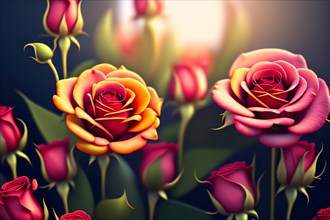 3d illustration of beautiful red and yellow roses on a dark background. ai generated, AI generated