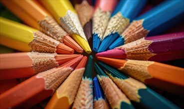 Close-up of a bunch of colored pencils, abstract background with colored pencils macro view AI