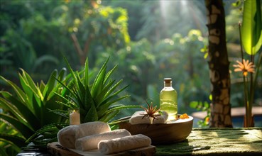 A tranquil spa retreat offering aloe vera infused facials and body treatments amidst lush greenery