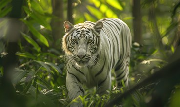 A white tiger prowling through the dense foliage of its natural habitat AI generated