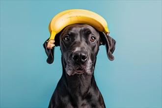 Funny dog with banana fruit on head in front of blue studio background. KI generiert, generiert, AI