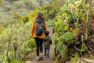 A mother with her son in the Laurisilva forest of Los tilos de Moya, Gran Canaria