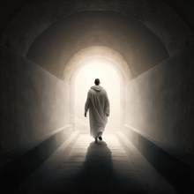 Back view of a person walking towards a bright light at the end of a dark tunnel, AI generated