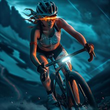 Sporty cyclist rides through rainy night, light cuts through the rain, AI generated