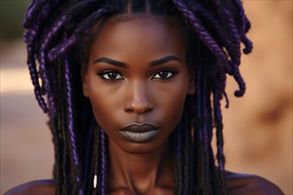 Portrait of pretty african american black woman with purple hair. KI generiert, generiert, AI