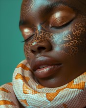 A peaceful image of a woman with closed eyes, golden makeup, and a snake, blurry teal turquoise