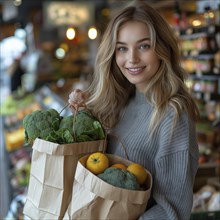 Shopping in supermarket with big paper bag full of vegetables and fruits, ai generated, AI
