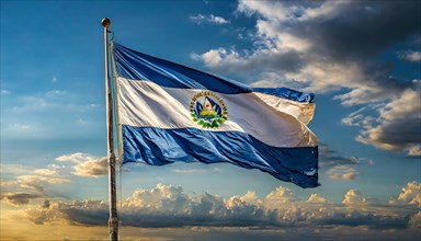 The flag of El Salvador flutters in the wind, isolated against a blue sky