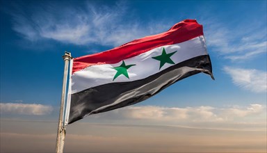The flag of Syria flutters in the wind, isolated against a blue sky