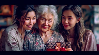 Three generations of asian women sharing a moment of joy over a gift, exuding warmth and happiness,