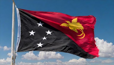 The flag of Papua New Guinea, fluttering in the wind, isolated, against the blue sky