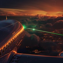 Sunset sky with clouds and green laser beams next to an aircraft fuselage, laser attack on a