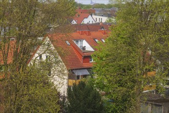 Bird's eye view of modern residential buildings in spring, Delmenhorst, Lower Saxony, Germany,