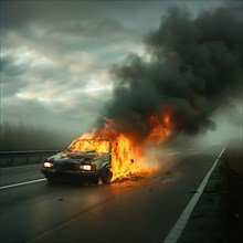 A car is ablaze at the side of the road, AI generated
