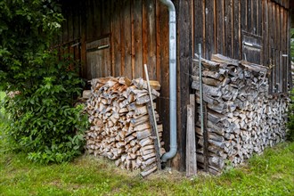Symbolic image: Firewood stacked in piles at the edges of a shed in a rural area, for example a hut