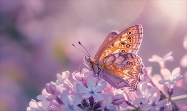 Close-up of a butterfly resting on lilac blossoms AI generated