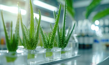 Close-up of aloe vera leaves in a laboratory setting AI generated