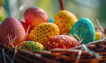 Close-up of colorful Easter eggs in a basket AI generated