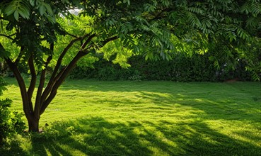 Laburnum tree branches casting shadows on a lush green lawn AI generated