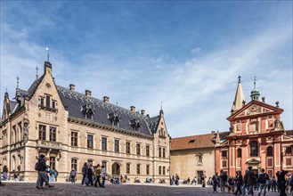 Church square, people, tourists, sightseeing, Prague Castle, St George's Basilica, Prague, Czech