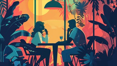 Two people chatting in a restaurant with a tropical ambience, romantic, AI generated, AI generated