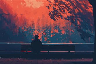 A lonely silhouette sits on a park bench, surrounded by red colour tones and leaf shadows, AI