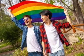 Happy gay multi-ethnic friends waving a lgbt rainbow flag in a park