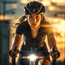 Cyclist riding at dusk with city lights in the background, AI generated