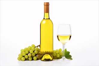 Glass and bottle of white wine with grapes on white background. KI generiert, generiert, AI