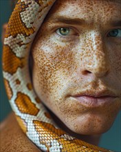 Green eyed caucasian Male covered with snake showing a matching freckled skin, blurry teal
