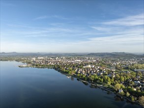 Aerial view of the town of Radolfzell on Lake Constance with the front part of the Mettnau