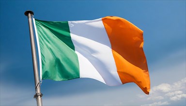 The flag of Ireland flutters in the wind, isolated against a blue sky