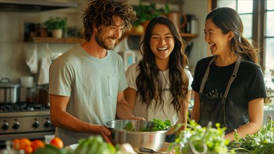 Diverse friends laughing and enjoying cooking together in a kitchen, AI generated