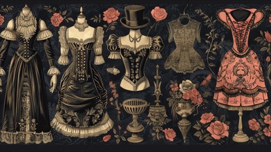 Artwork displays an array of Victorian-style dresses surrounded by floral elements on a dark