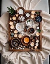 Tranquil spa setting with candles, stones, and natural elements arranged on a wooden tray in an