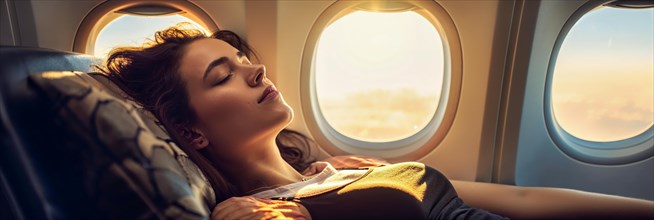 A woman nods off at the window in the soft evening light during the flight, AI generated, AI