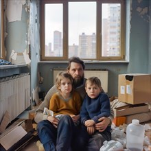 A family sits together in a room in need of renovation, relocation, apartment relocation, housing