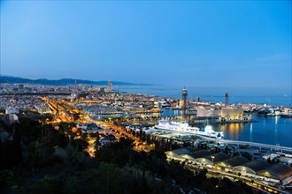View of the old harbour and the city of Barcelona at night, Barcelona, Spain, Europe