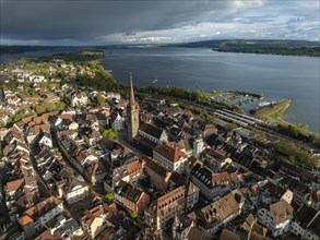 Aerial view of the town of Radolfzell on Lake Constance with the Radolfzell Minster in front of