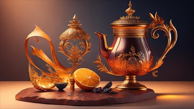 3d illustration of a golden teapot with lemon and mint, AI generated