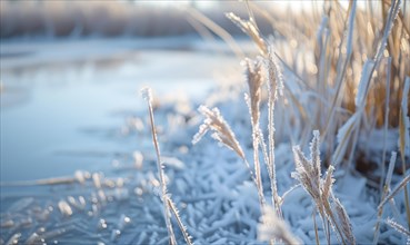 Close-up of frosty reeds along the edge of a frozen lake AI generated